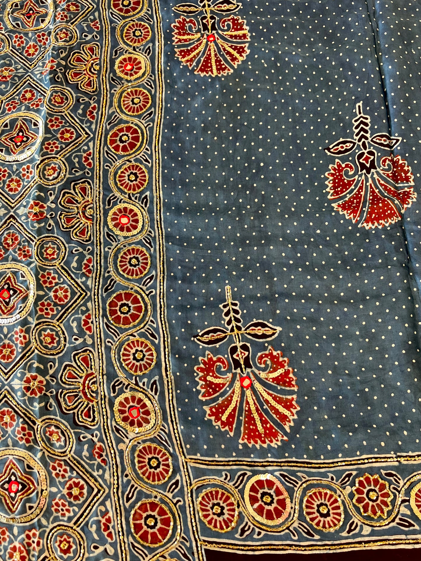 Royal Blossom - Pure Modal Ajrakh Hand Embroidered Saree