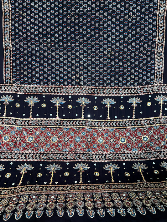 EBONY BLOSSOM - Pure Modal Ajrakh Hand Embroidered Saree
