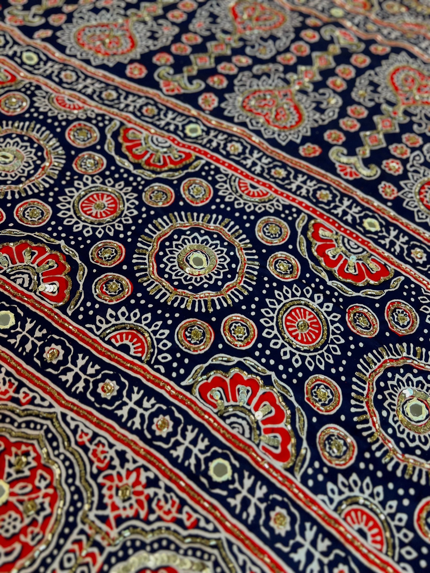 MIDNIGHT BLOSSOM - Pure Modal Ajrakh Hand Embroidered Saree
