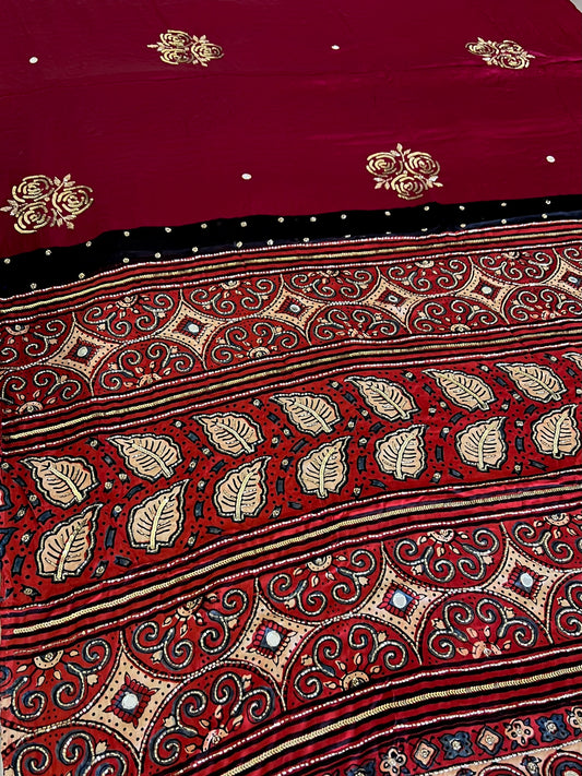 PASSION ROSE - Pure Modal Ajrakh Hand Embroidered Saree