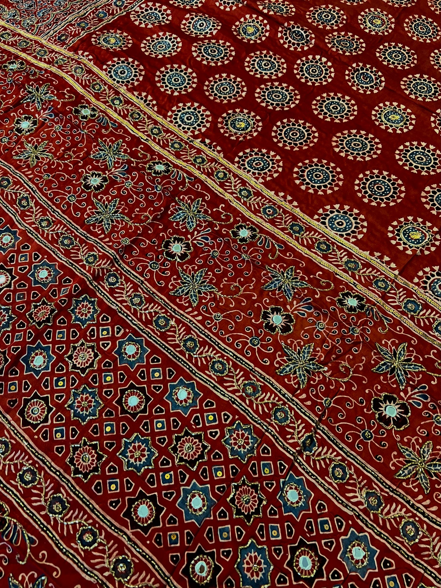 GARNET BLOOM - Pure Modal Ajrakh Hand Embroidered Saree