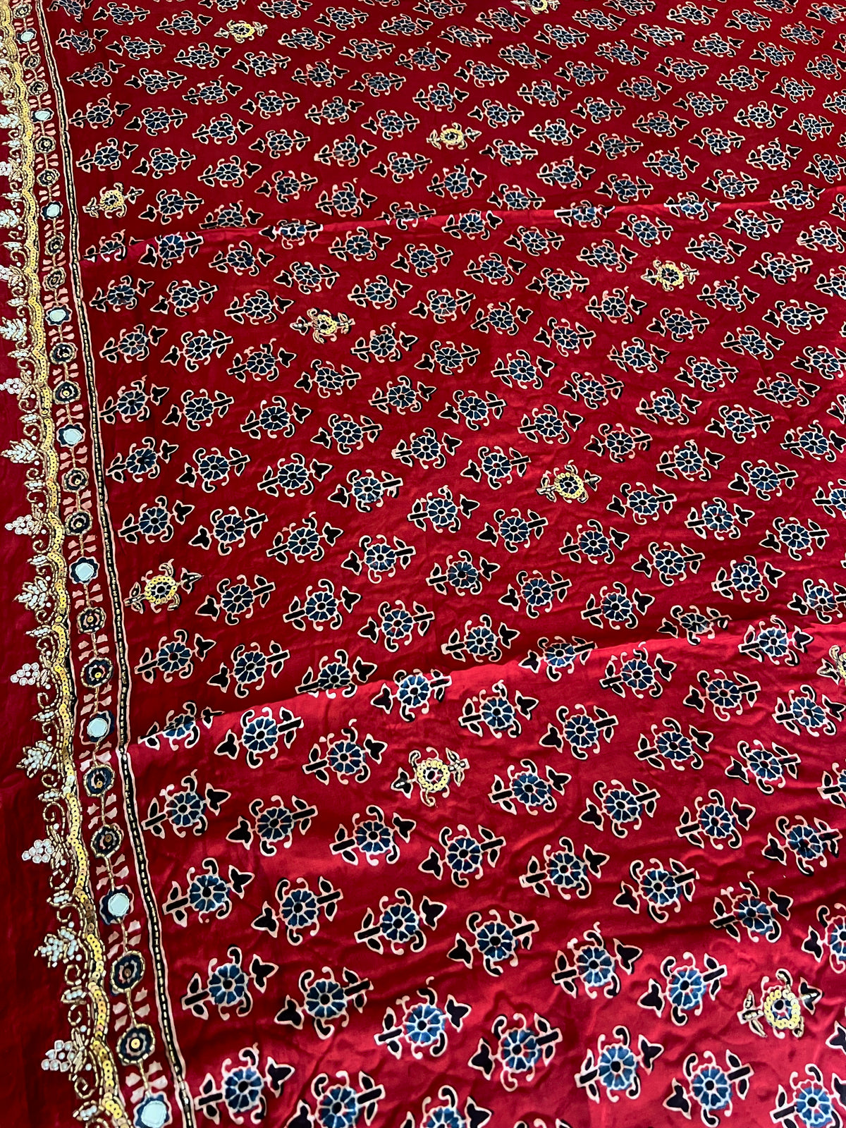 RUBY PARADISE - Pure Modal Ajrakh Hand Embroidered Saree