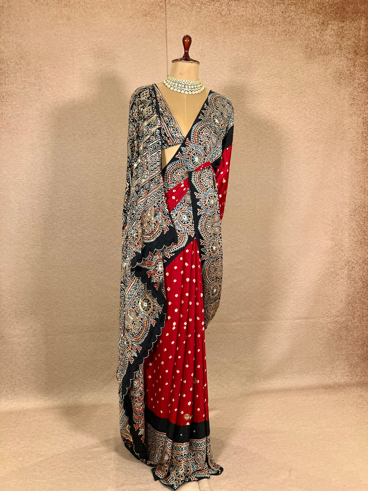 RED SPLENDOUR - Pure Modal Bandhani Ajrakh Hand Embroidered Saree