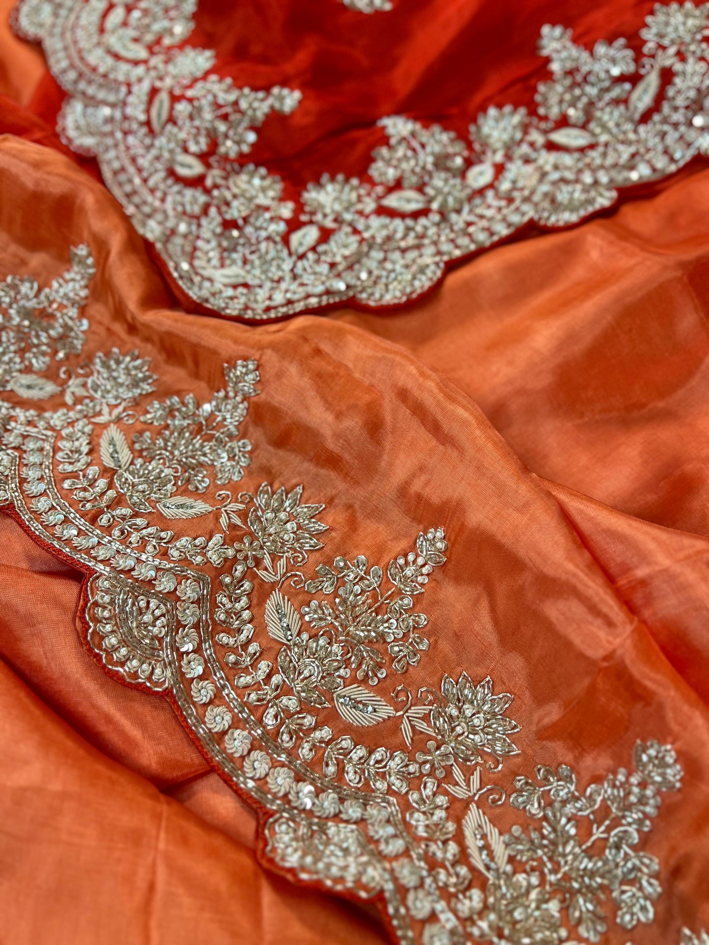 Orange - Red Ombré Zardosi Embroidered Crepe Designer Saree with Unstitched Blouse