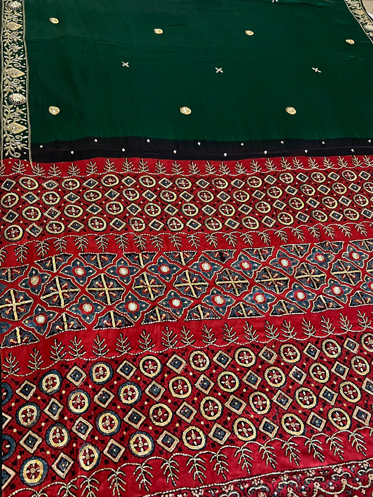 GREEN DESIRE - Pure Modal Ajrakh Hand Embroidered Saree