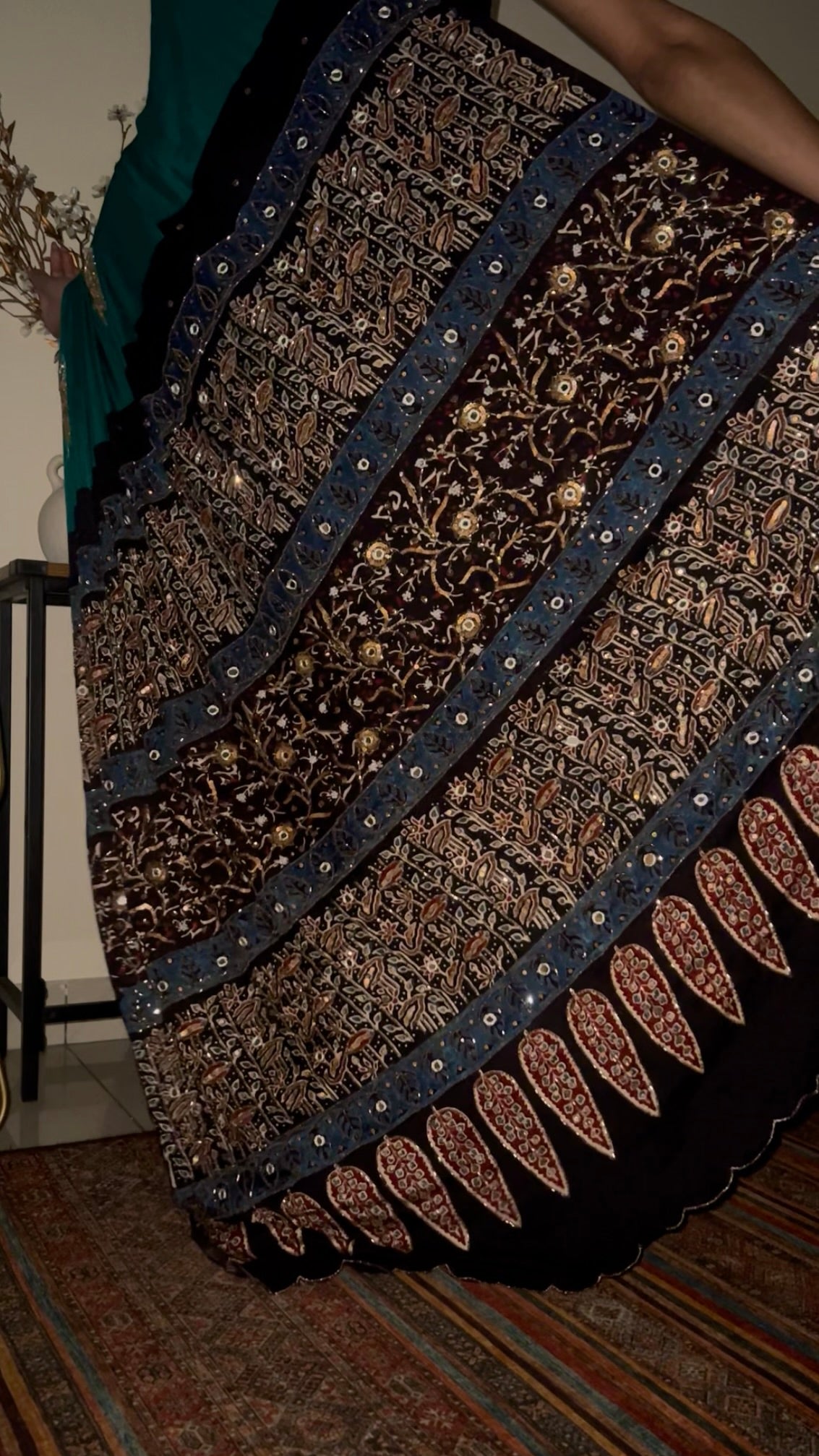 JADE LOTUS - Pure Modal Ajrakh Hand Embroidered Saree