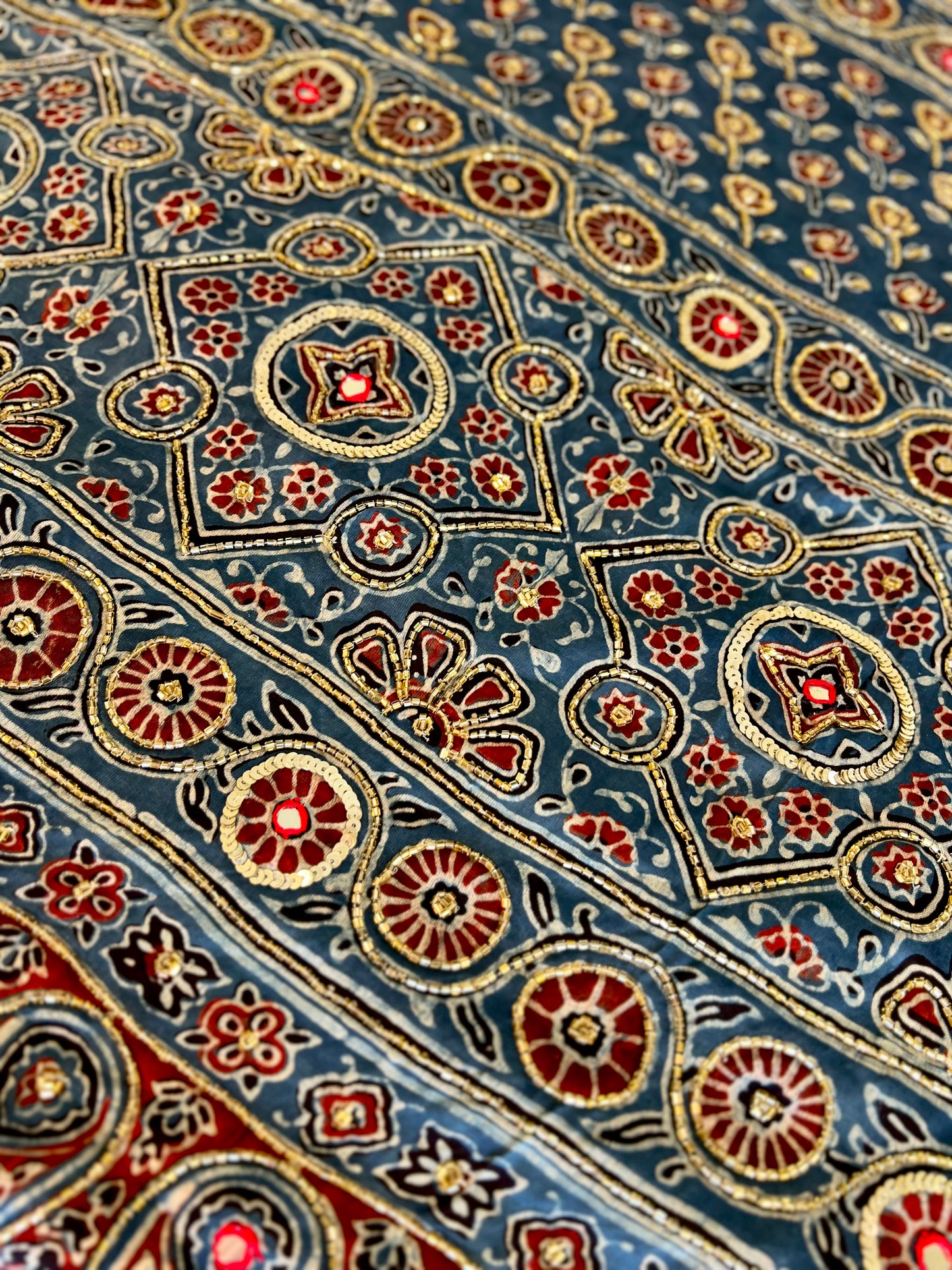Royal Blossom - Pure Modal Ajrakh Hand Embroidered Saree