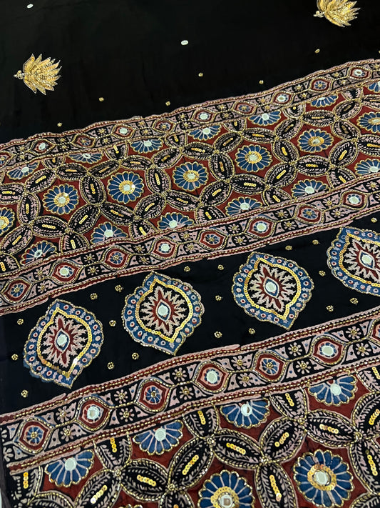 MYSTIC LOTUS - Pure Modal Ajrakh Hand Embroidered Saree