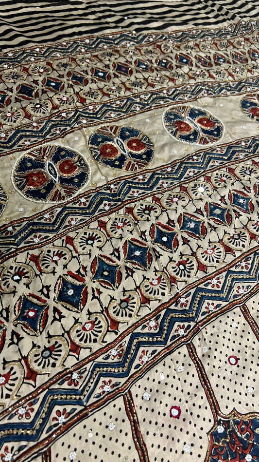 Off White and Black Stripes Modal Ajrakh Hand Embroidered Saree