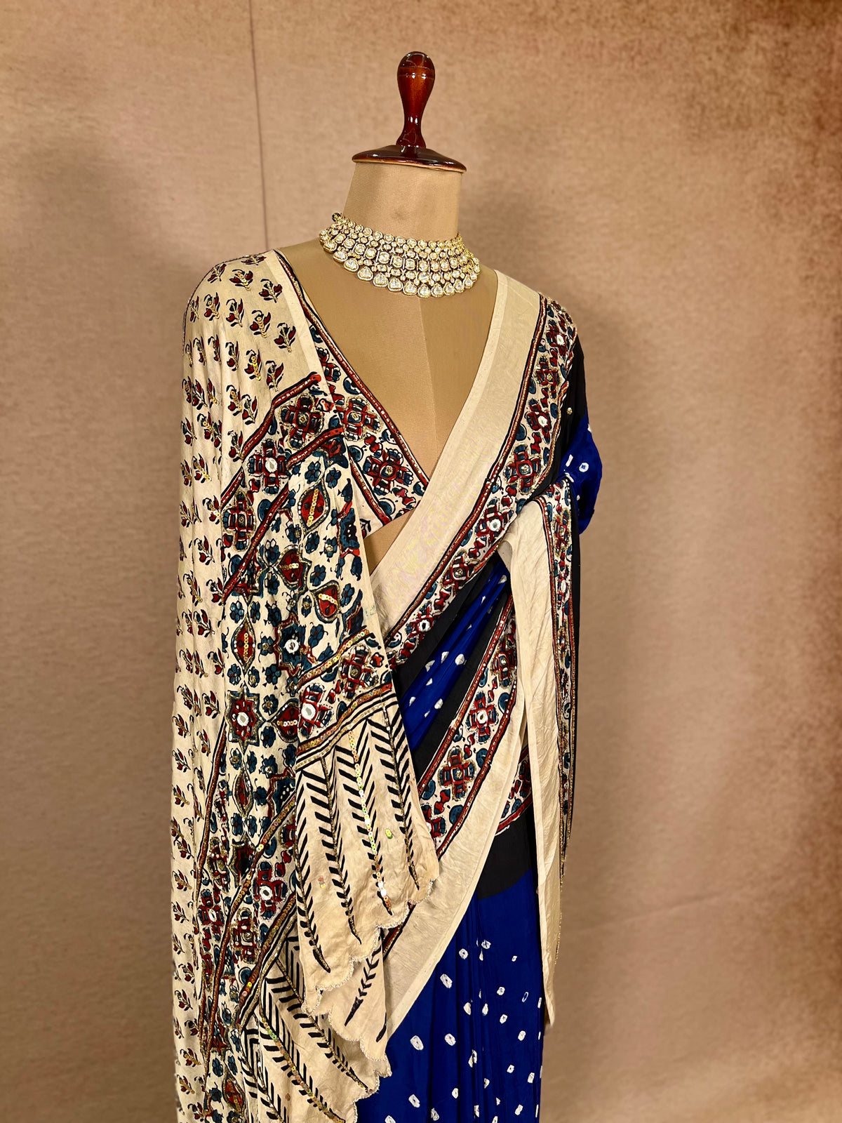 BLUE ROYALTY - Pure Modal Bandhani Ajrakh Hand Embroidered Saree
