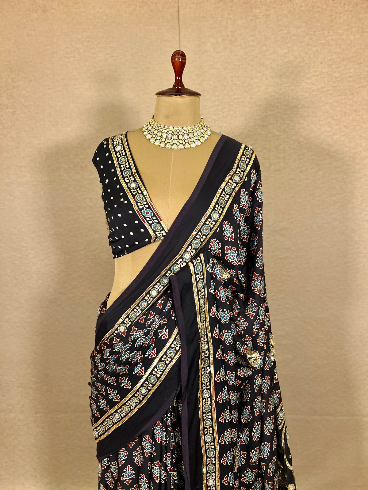 SPARKLE BLOOM - Pure Modal Ajrakh Hand Embroidered Saree