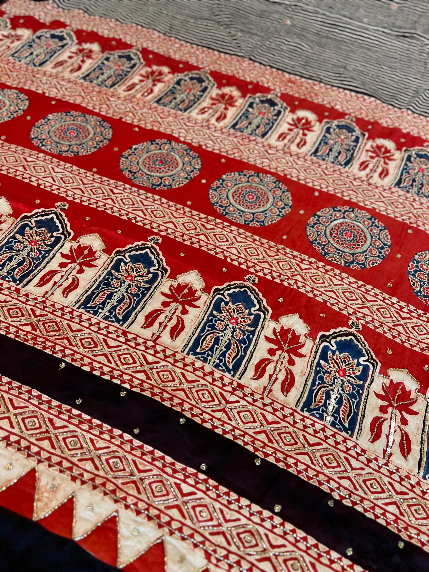 Heritage Stripes - Pure Modal Ajrakh Hand Embroidered Saree
