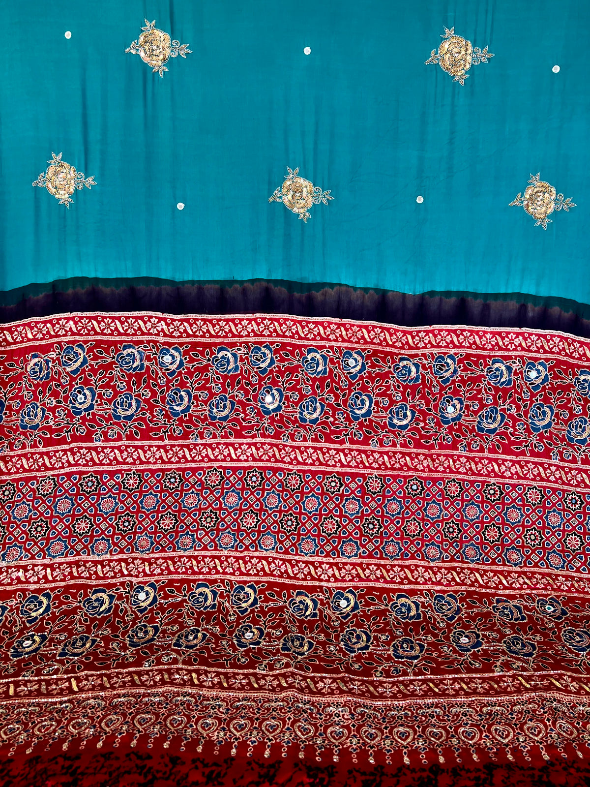 FANTASY ROSE - Pure Modal Ajrakh Hand Embroidered Saree