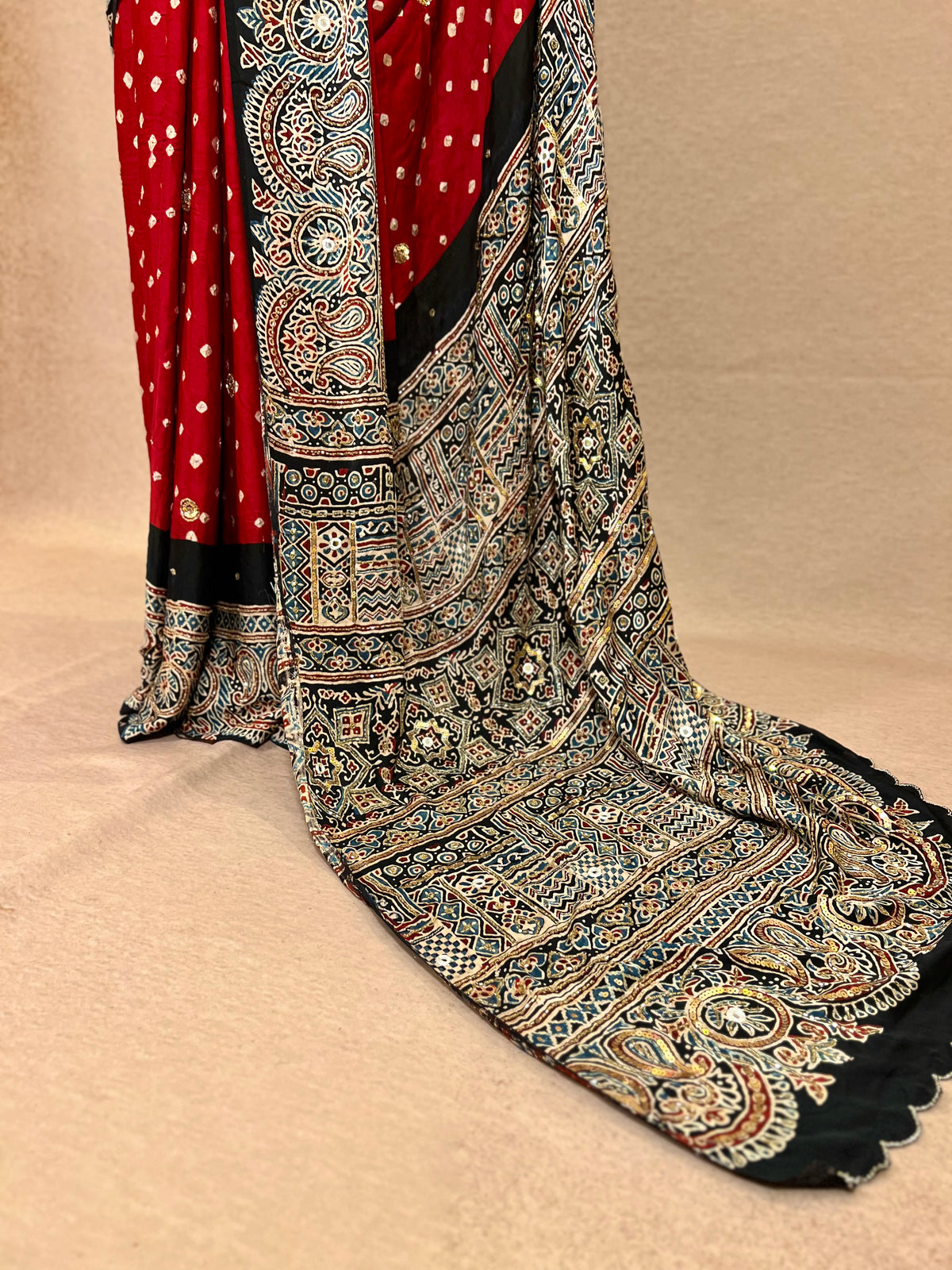 RED SPLENDOUR - Pure Modal Bandhani Ajrakh Hand Embroidered Saree