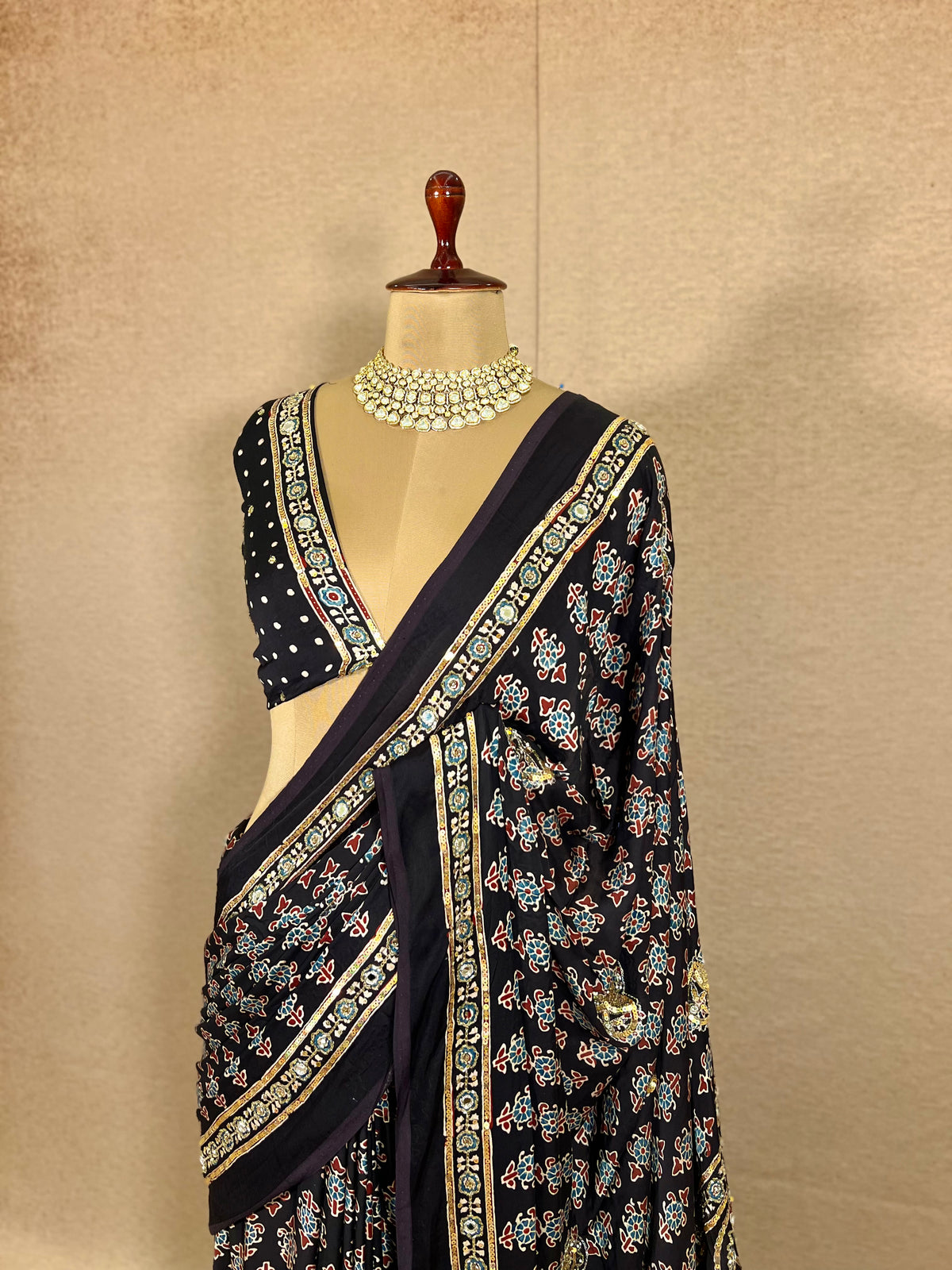 SPARKLE BLOOM - Pure Modal Ajrakh Hand Embroidered Saree