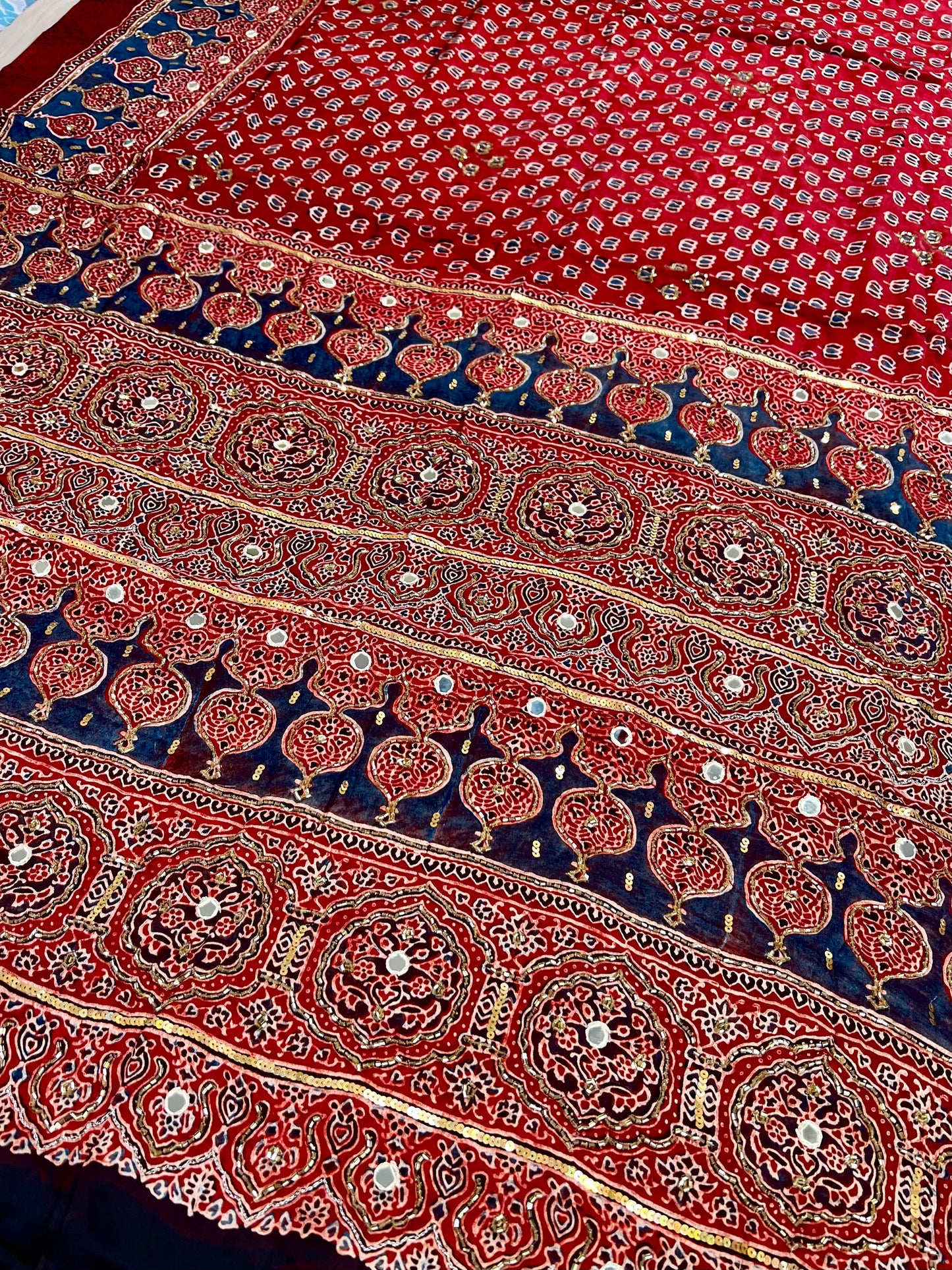 CRIMSON LOTUS - Pure Modal Ajrakh Hand Embroidered Saree