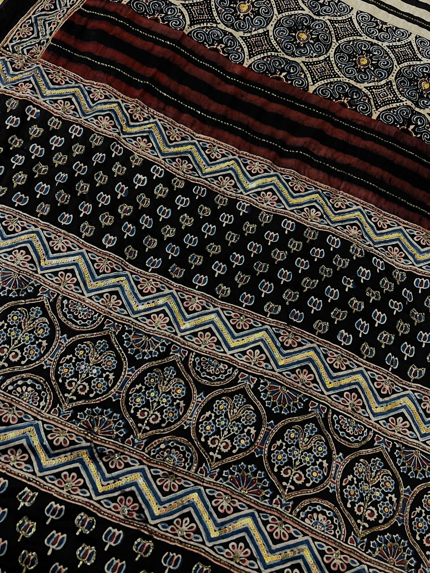 OBSIDIAN DREAMS - Pure Modal Ajrakh Hand Embroidered Saree