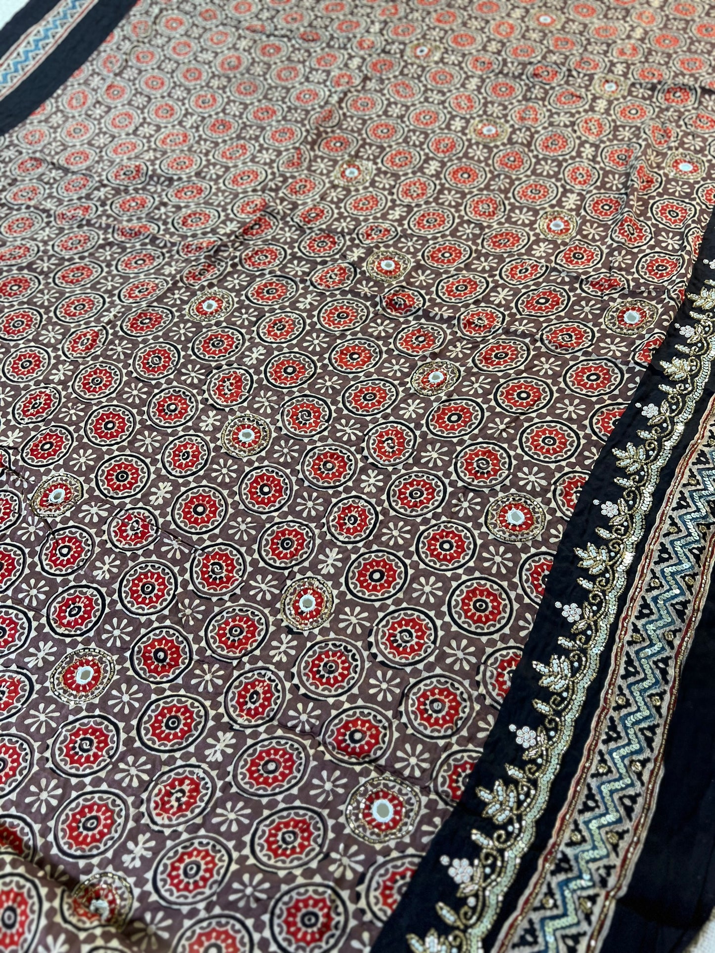 CINNAMON DUSK - Pure Modal Ajrakh Hand Embroidered Saree