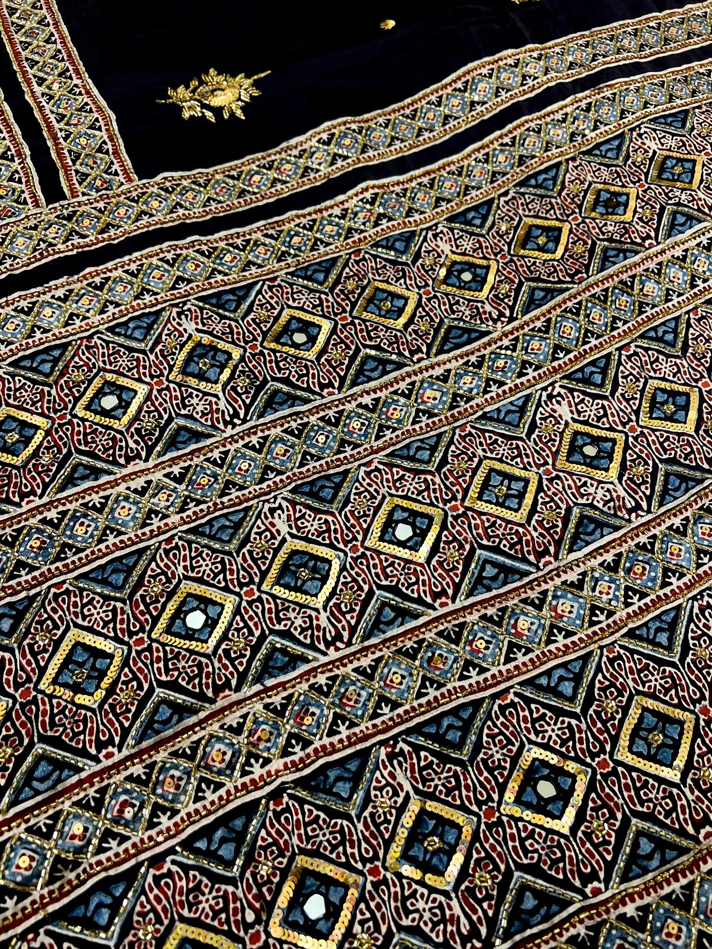 MIDNIGHT LUXE - Pure Modal Ajrakh Hand Embroidered Saree