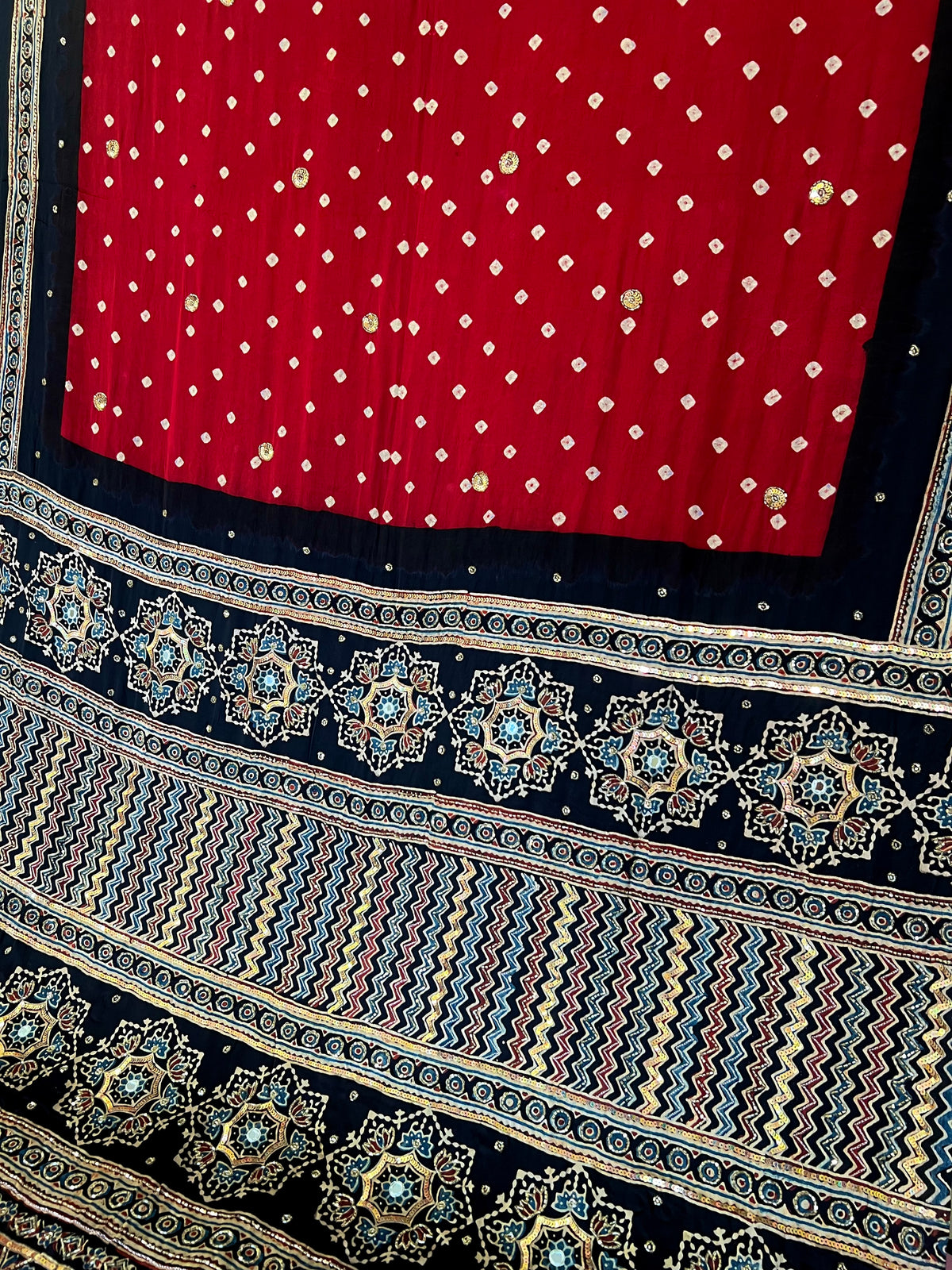 RED DECADENCE - Pure Modal Bandhani Ajrakh Hand Embroidered Saree