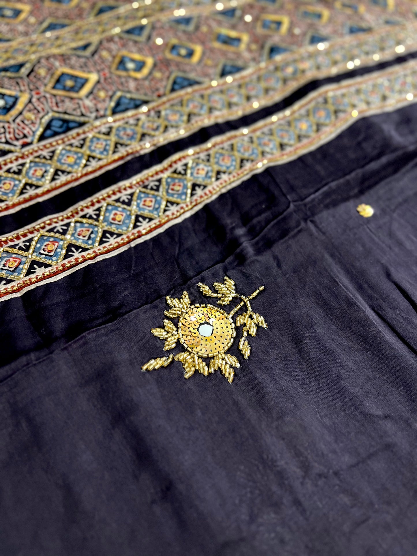 MIDNIGHT LUXE - Pure Modal Ajrakh Hand Embroidered Saree