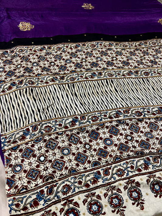 LILAC ROSE - Pure Modal Ajrakh Hand Embroidered Saree