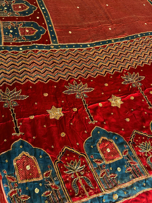 RUBY RADIANCE - Pure Modal Ajrakh Hand Embroidered Saree