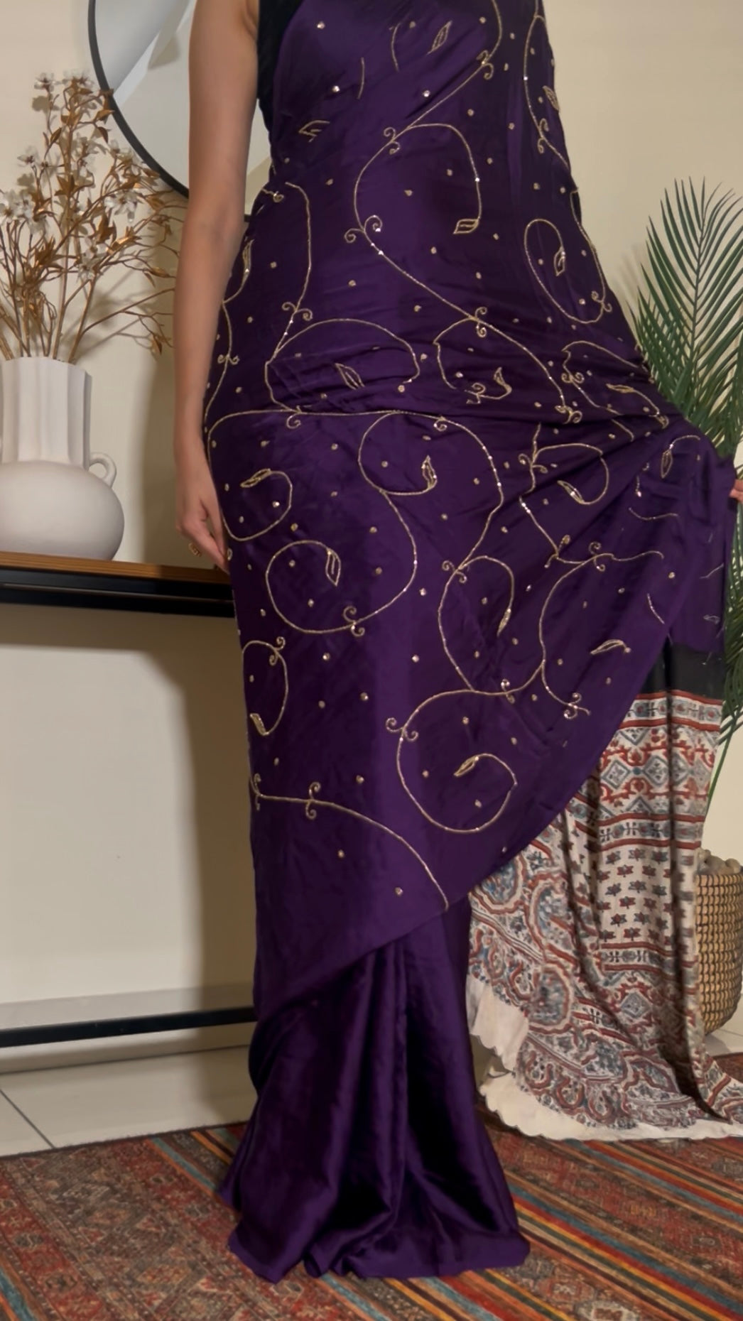 MOONLIT AMETHYST - Pure Modal Ajrakh Hand Embroidered Saree