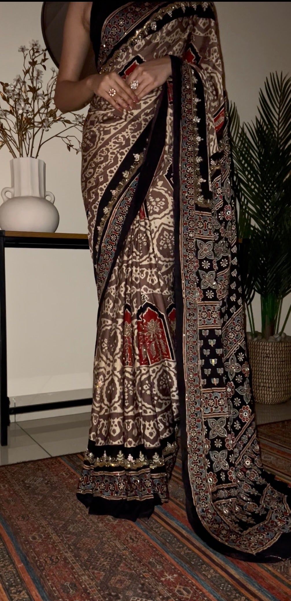 OPAL DREAM - Pure Modal Ajrakh Hand Embroidered Saree