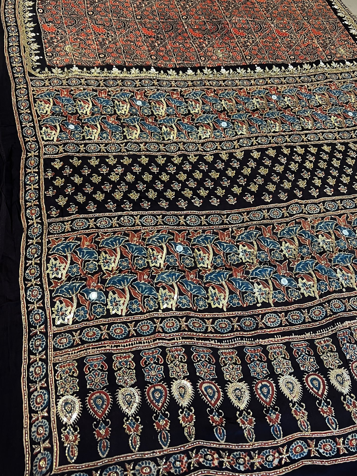 BURNT COFFEE - Pure Modal Ajrakh Hand Embroidered Saree