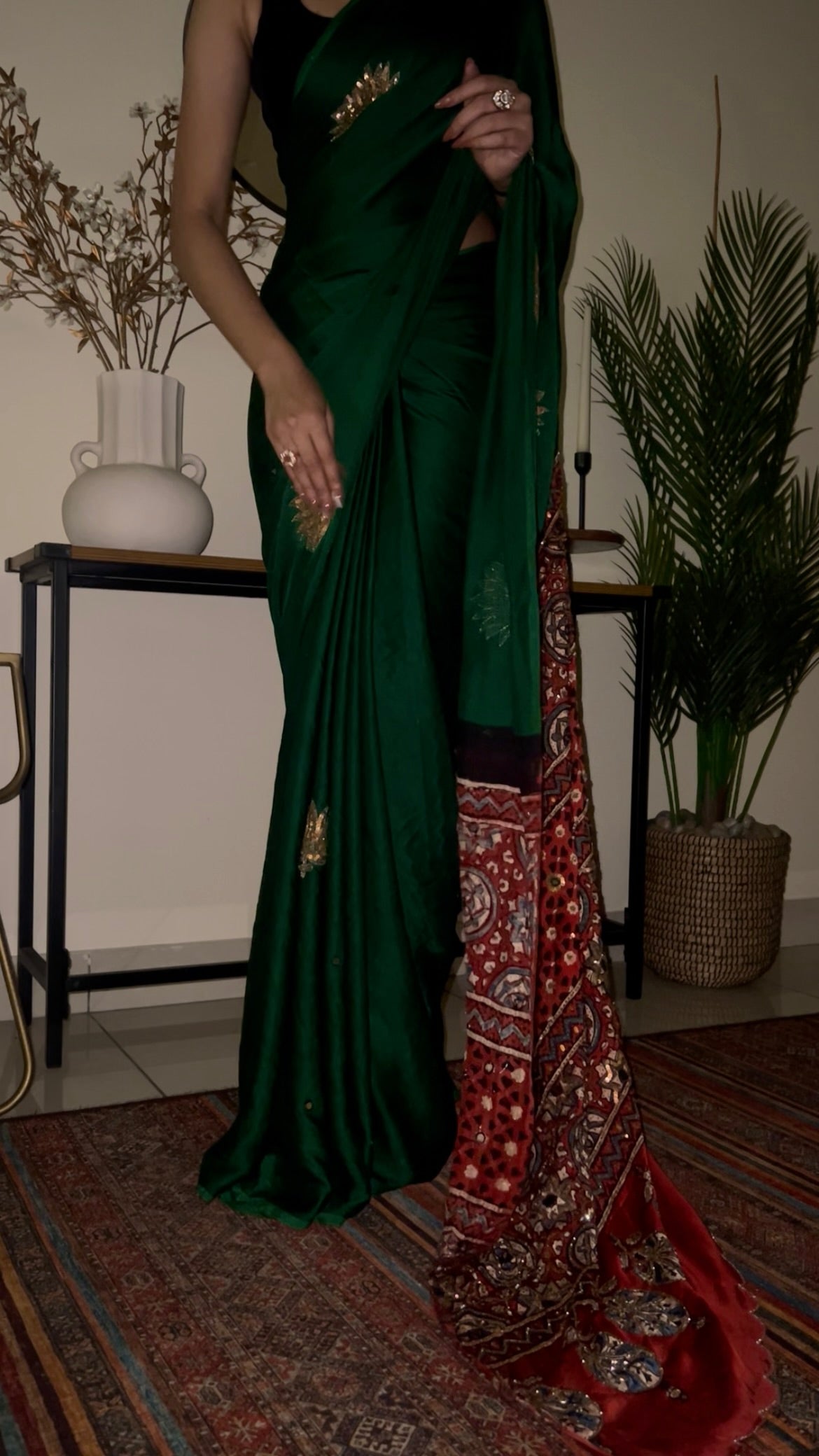 ENCHANTED LOTUS - Pure Modal Ajrakh Hand Embroidered Saree