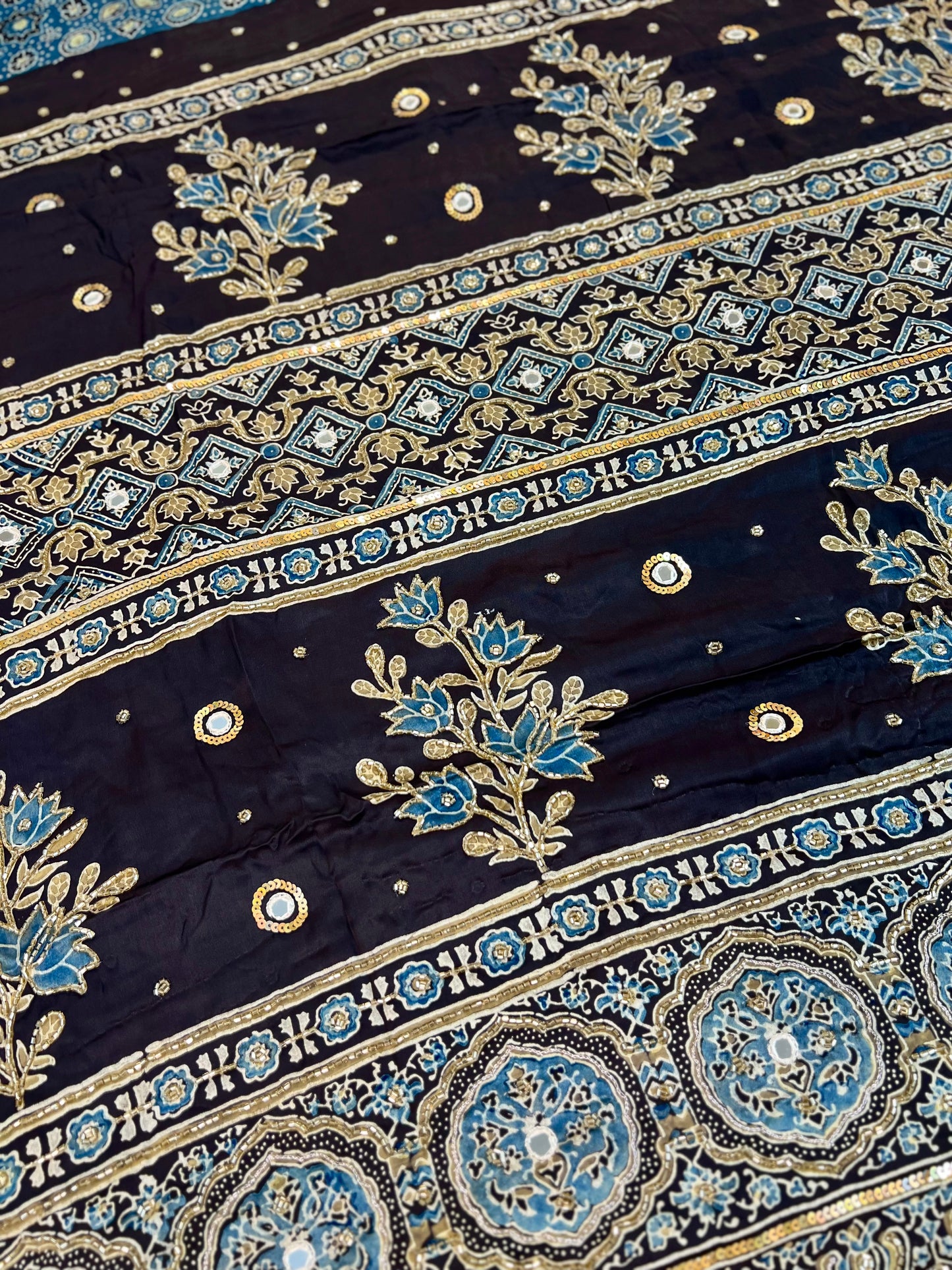 INDIGO FLORA - Pure Modal Ajrakh Hand Embroidered Saree