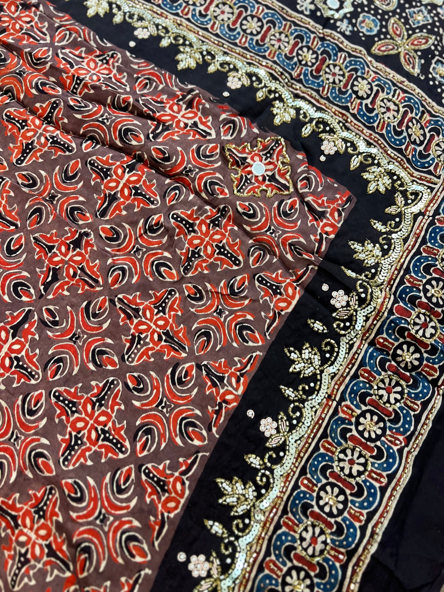 EARTH & EMBER - Pure Modal Ajrakh Hand Embroidered Saree