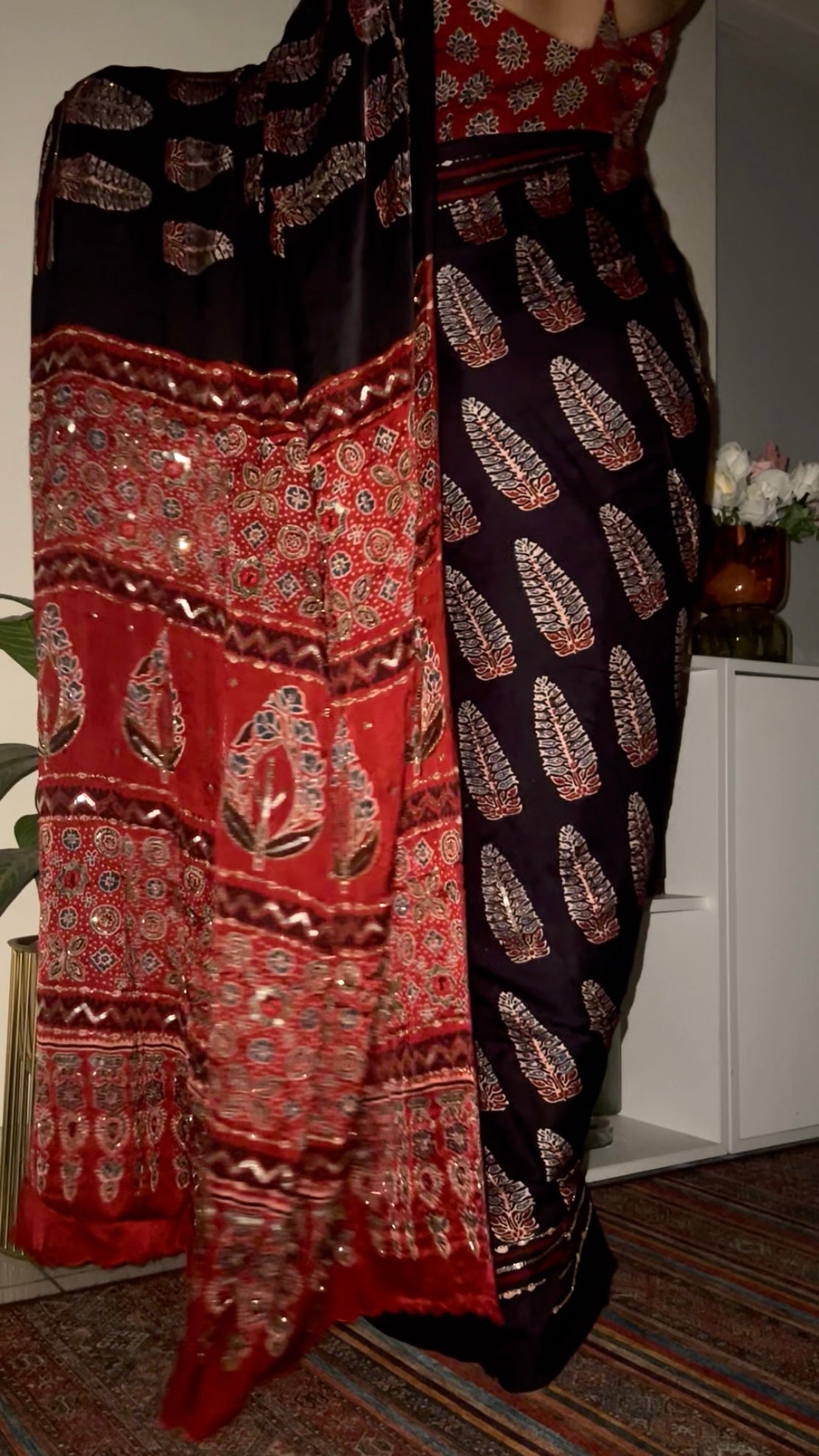 CRIMSON ECLIPSE - Pure Modal Ajrakh Hand Embroidered Saree