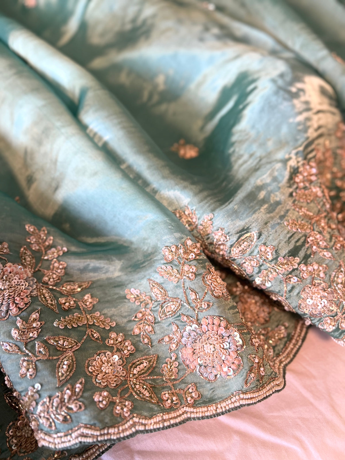 ZUBAIDAA - Pure Chinnon Satin Zardosi Pitta Hand Embroidered Saree