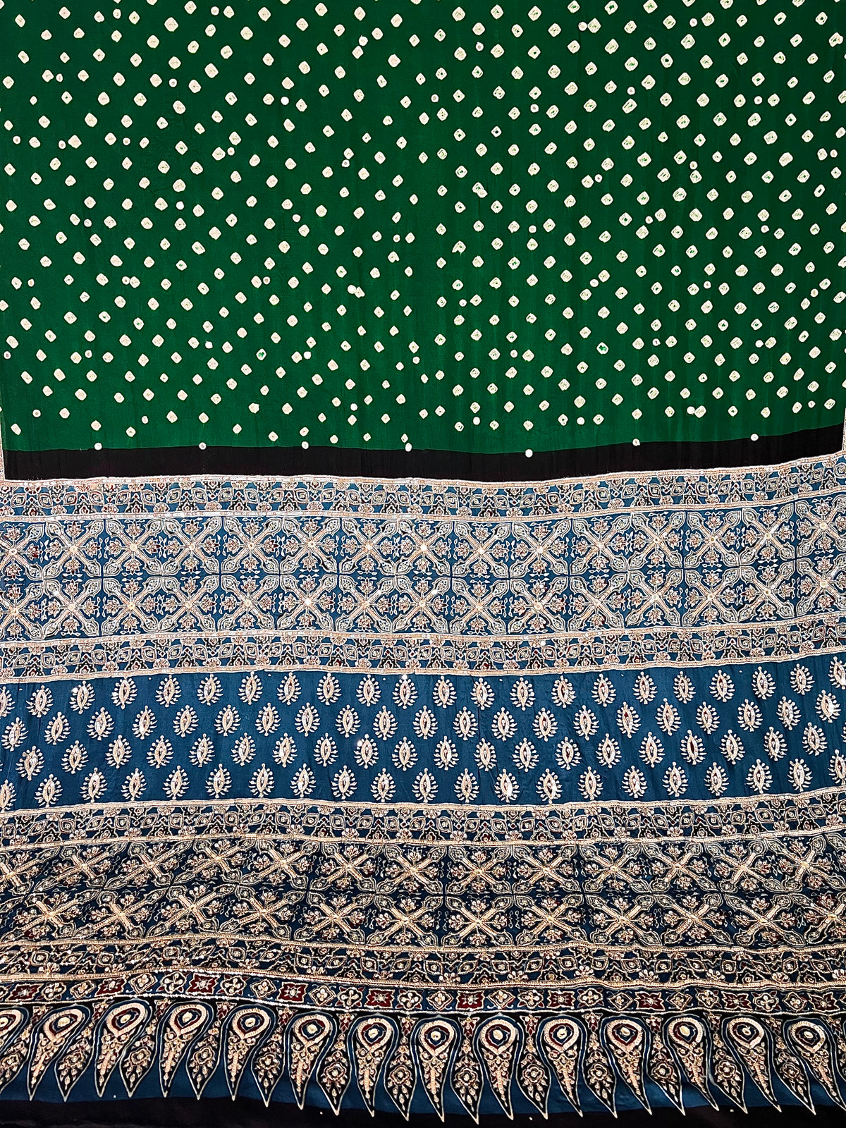 GREEN ROYALE BANDHANI - Pure Modal Bandhani Ajrakh Hand Embroidered Saree