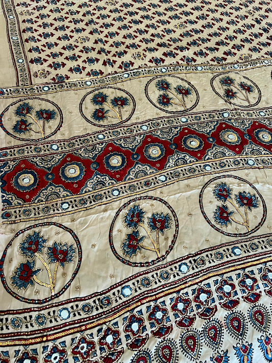 VANILLA VELVET - Pure Modal Ajrakh Hand Embroidered Saree
