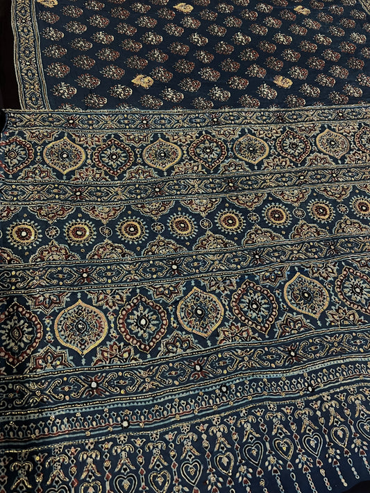 INDIGO GARDEN - Pure Modal Ajrakh Hand Embroidered Saree