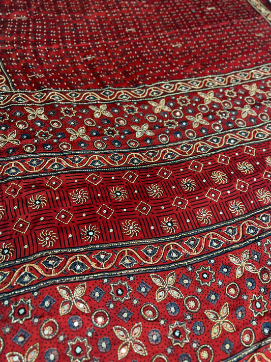 Red Pure Modal Ajrakh Hand Embroidered Saree