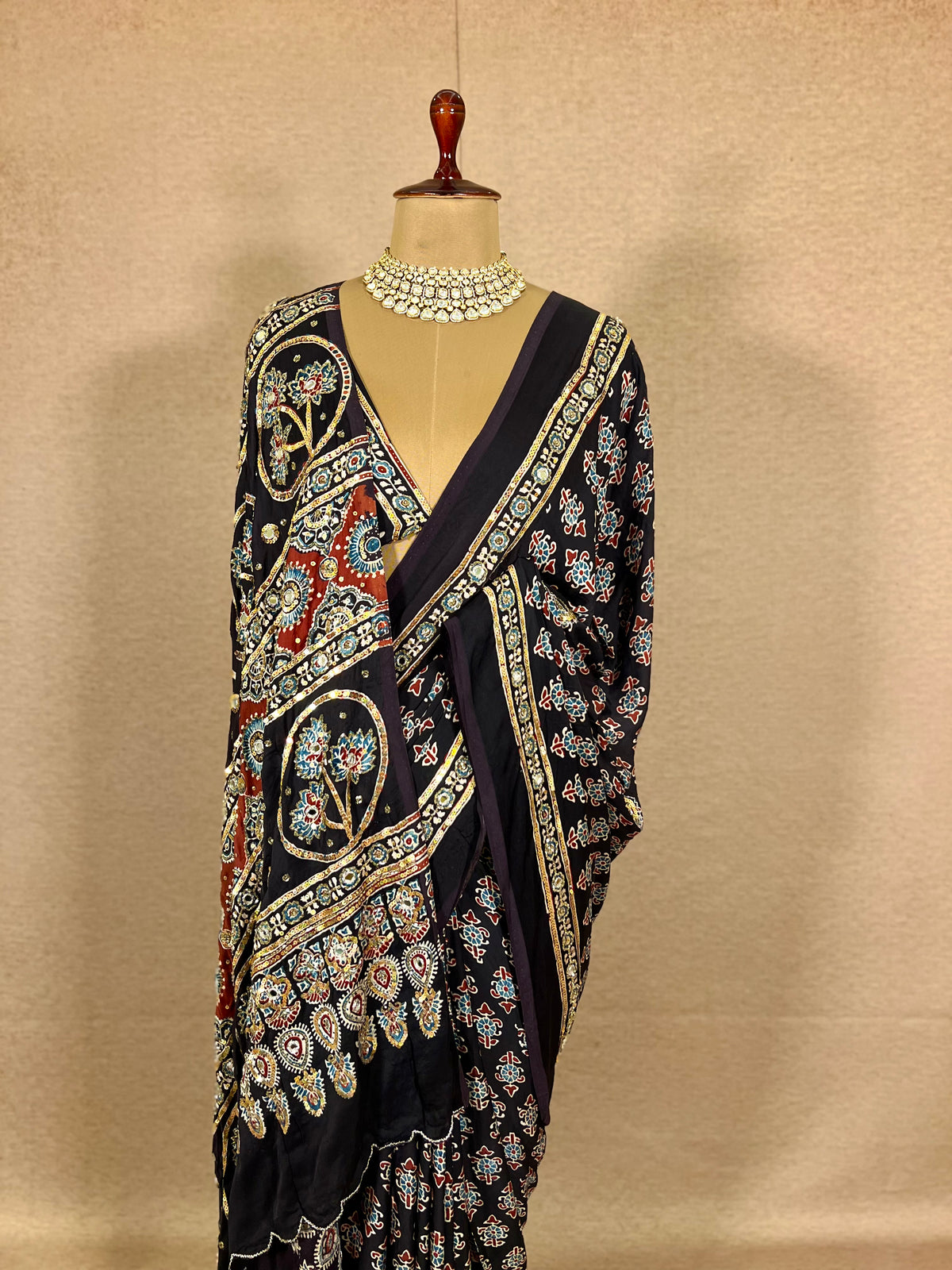 SPARKLE BLOOM - Pure Modal Ajrakh Hand Embroidered Saree
