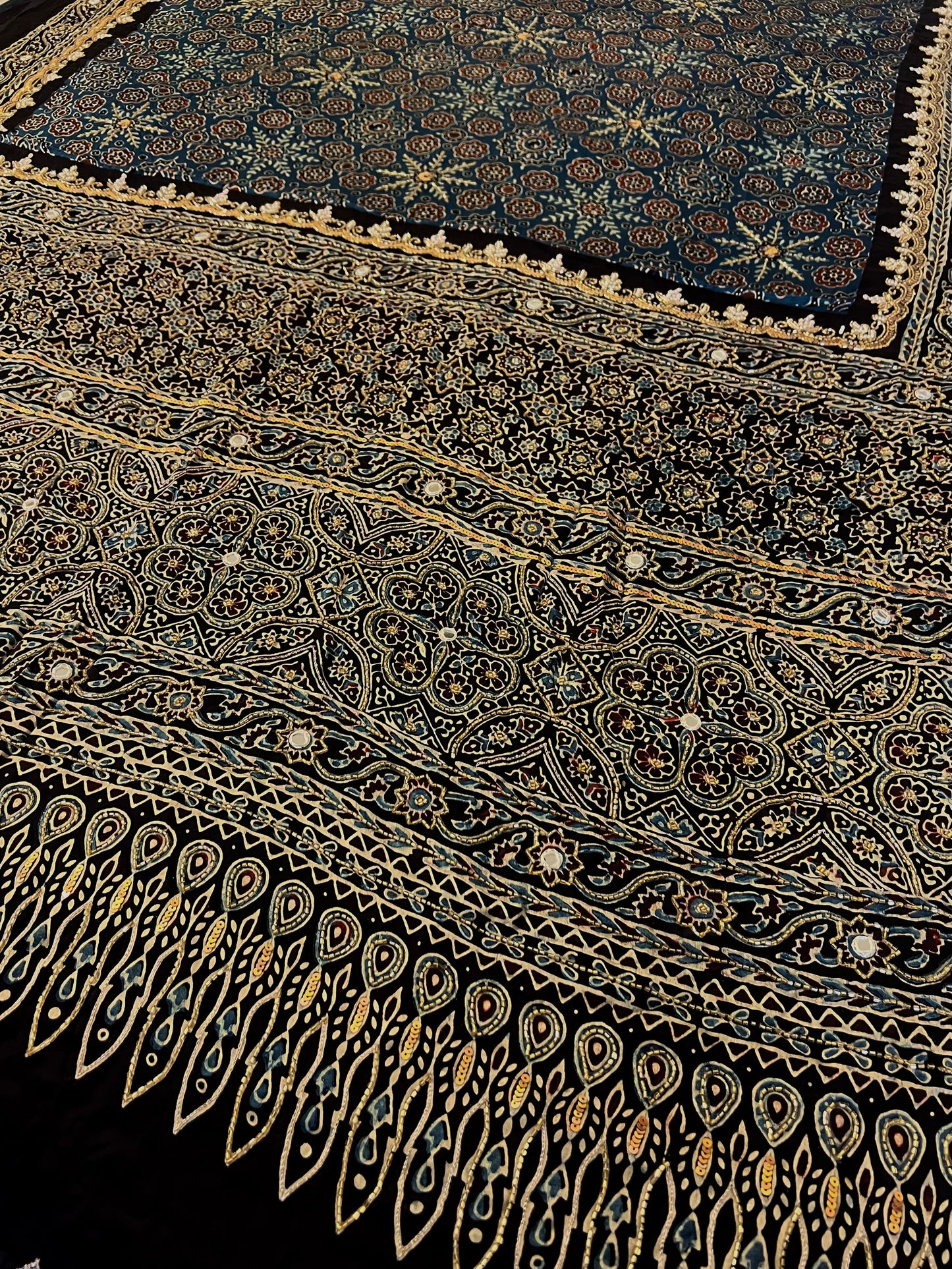 OCEAN MIST - Pure Modal Ajrakh Hand Embroidered Saree