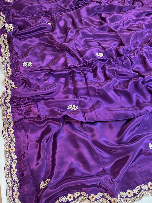 Purple Zardosi Embroidered Crepe Designer Saree with Unstitched Blouse