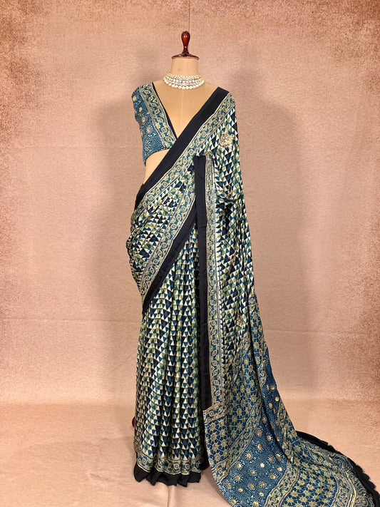 LAGOON DREAM - Pure Modal Ajrakh Hand Embroidered Saree
