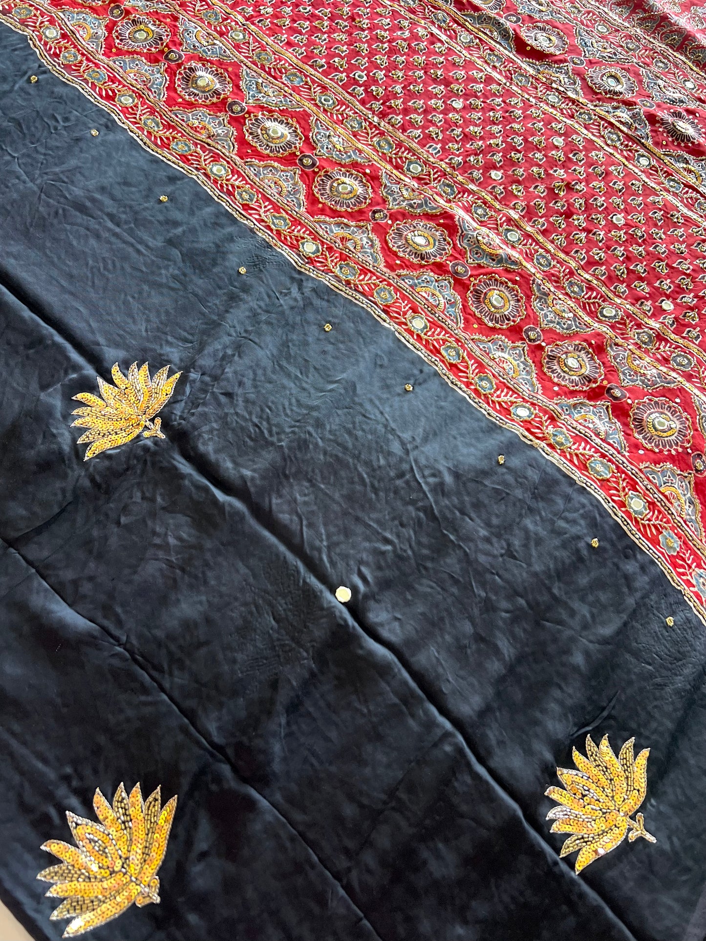 EBONY LOTUS - Pure Modal Ajrakh Hand Embroidered Saree