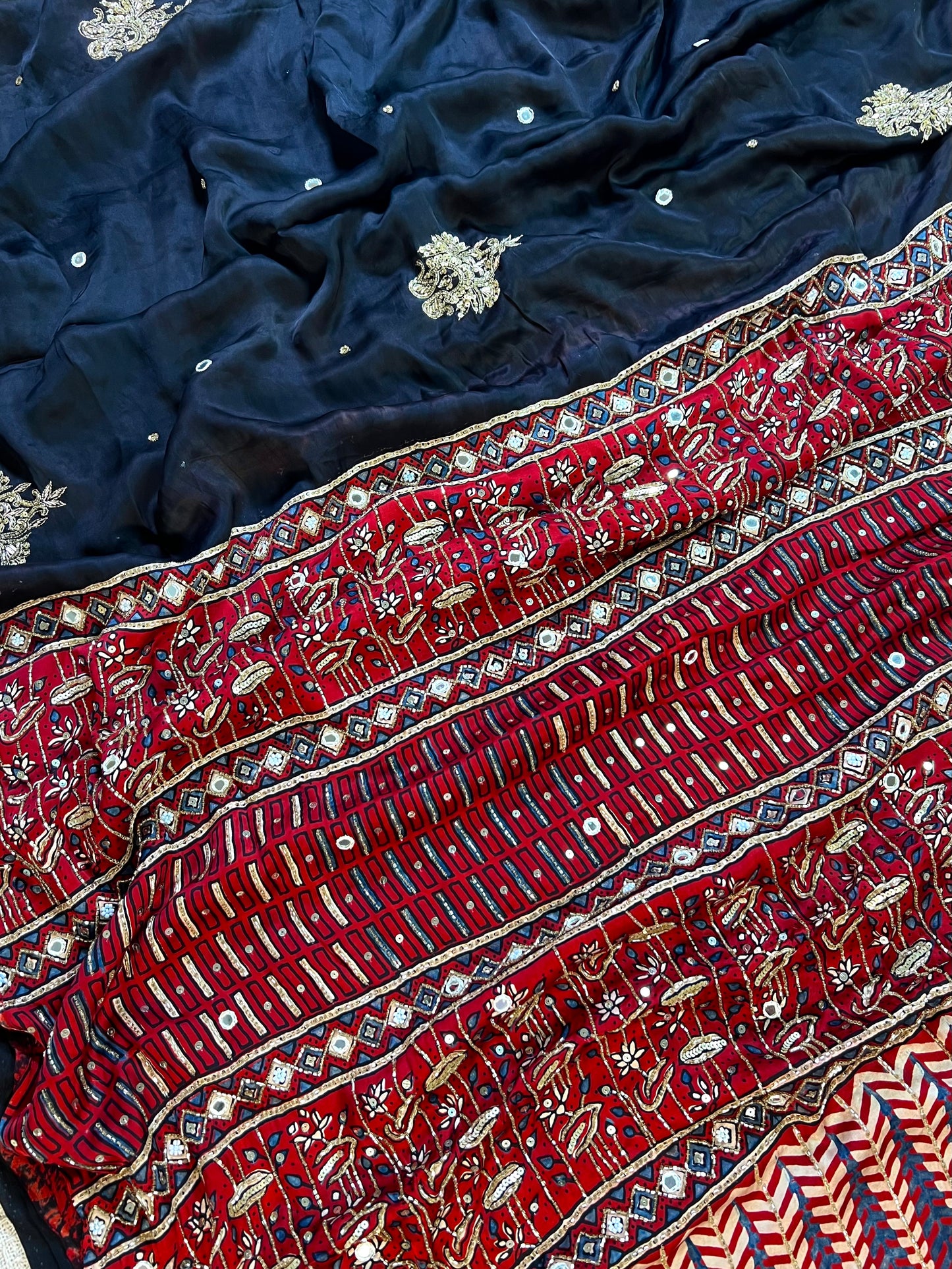 NIGHT ORCHID - Pure Modal Ajrakh Hand Embroidered Saree