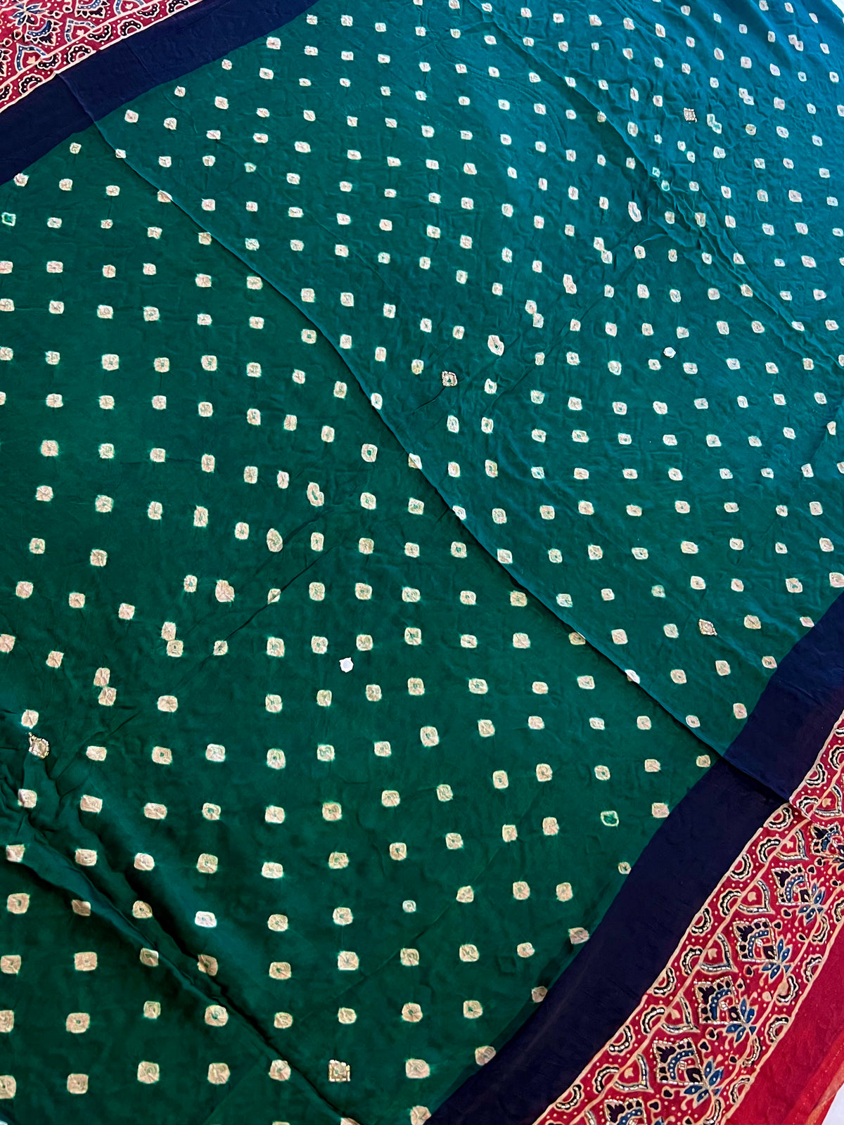 GREEN ROYALTY - Pure Modal Bandhani Ajrakh Hand Embroidered Saree