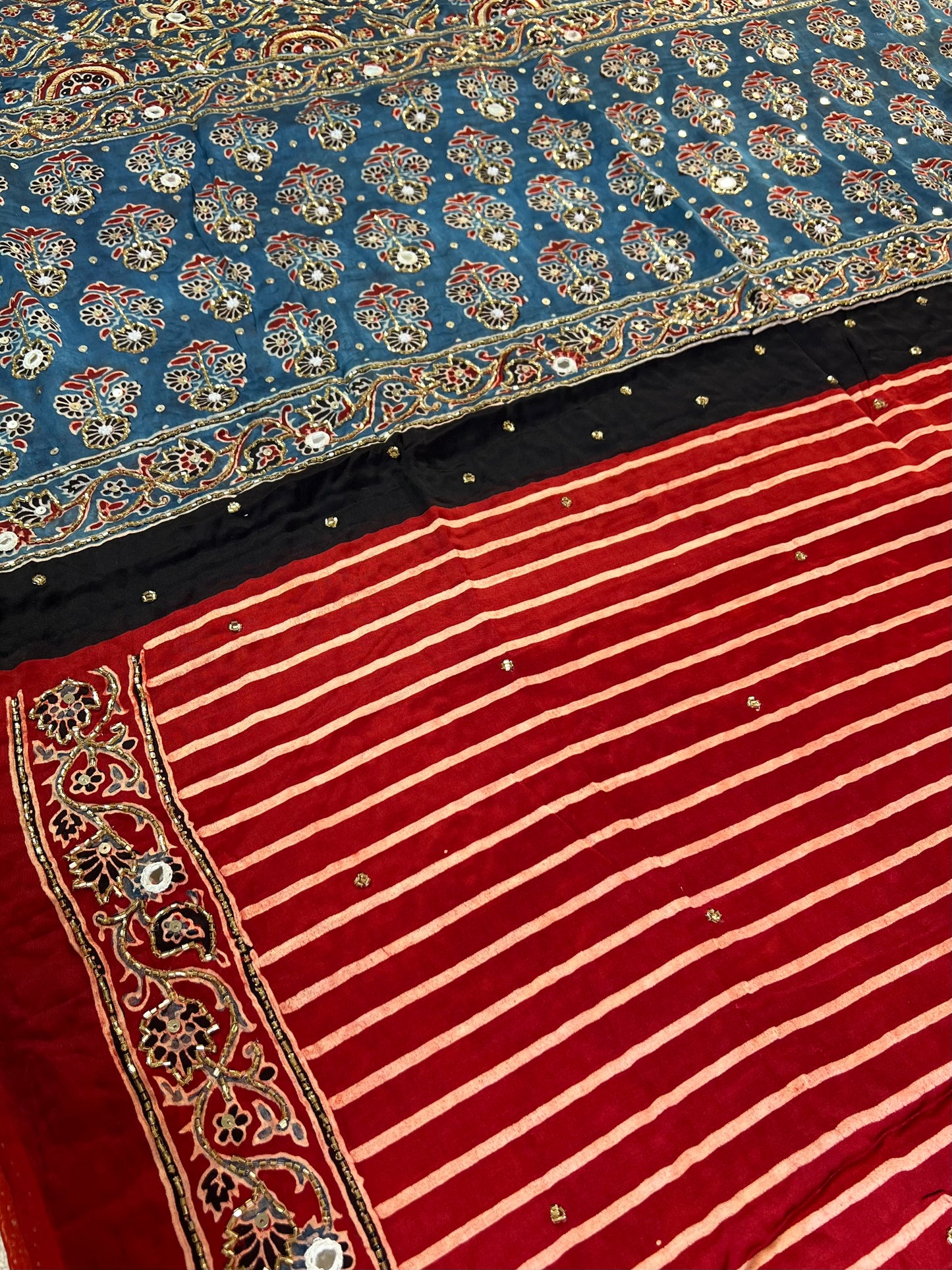 VERMILLION TIDE - Pure Modal Ajrakh Hand Embroidered Saree