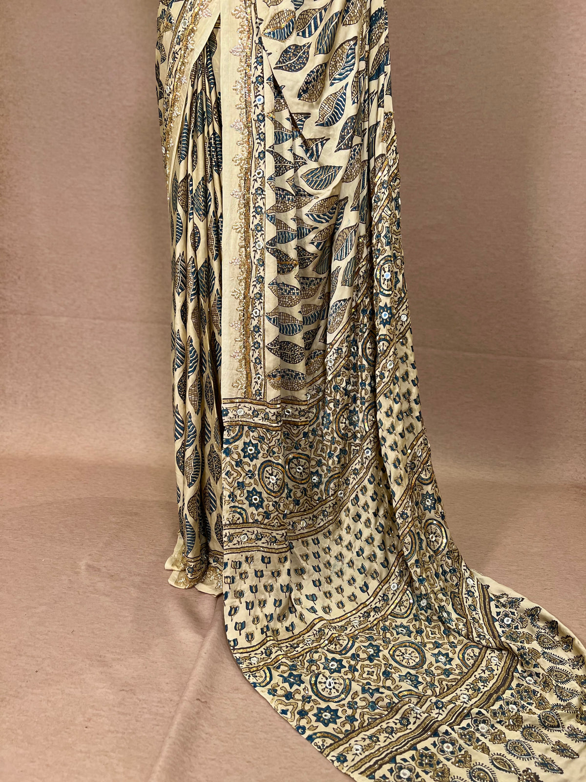 IVORY DREAMSCAPE - Pure Modal Ajrakh Hand Embroidered Saree