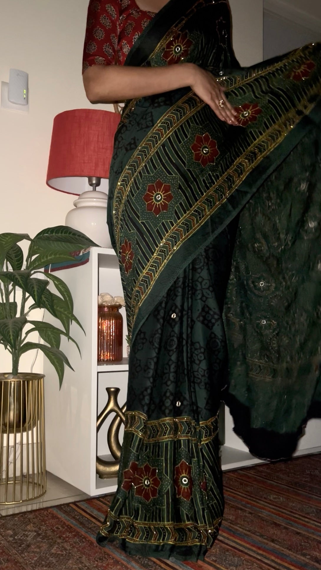 FOREST MIST - Pure Modal Ajrakh Hand Embroidered Saree