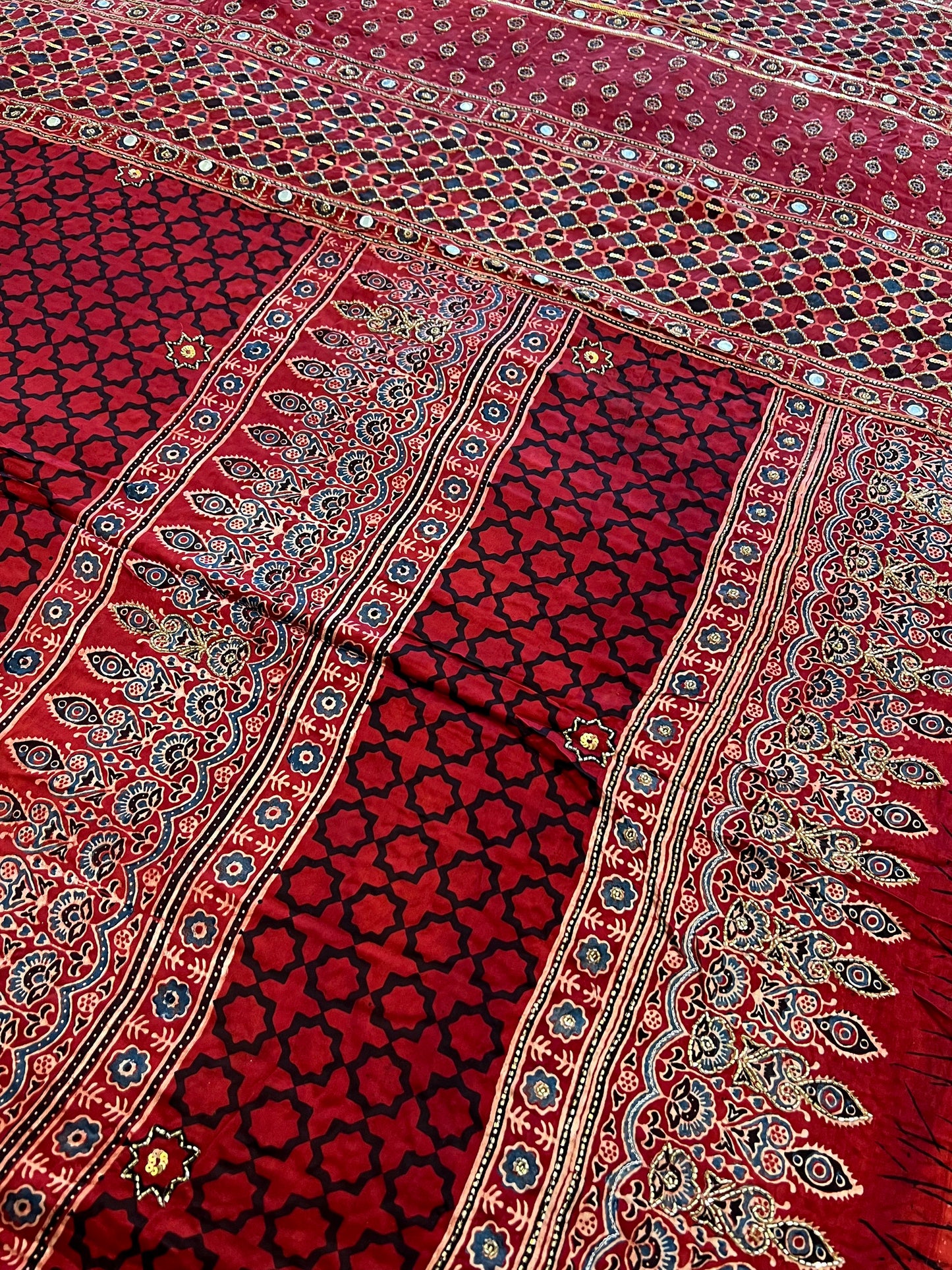 CHERRY BLOOM - Pure Modal Ajrakh Hand Embroidered Saree